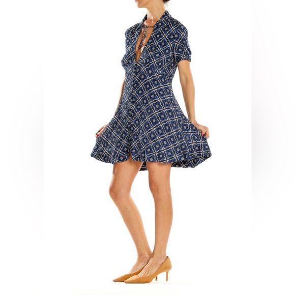 Free People Melody Dress Blue Black White Geo Print Short Sleeve Lightweight - Picture 3 of 13